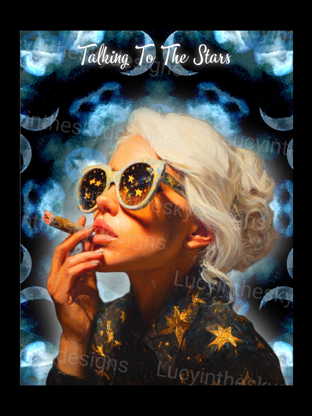 Woman Smoking Celestial  Cannabis Meditation Prayer Moon Star Spiritual Art